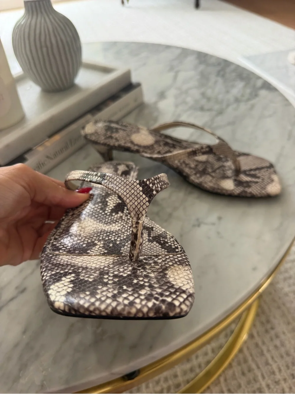 Abercrombie and Fitch- Women’s Snake-Print Thong Kitten Heel Sandals